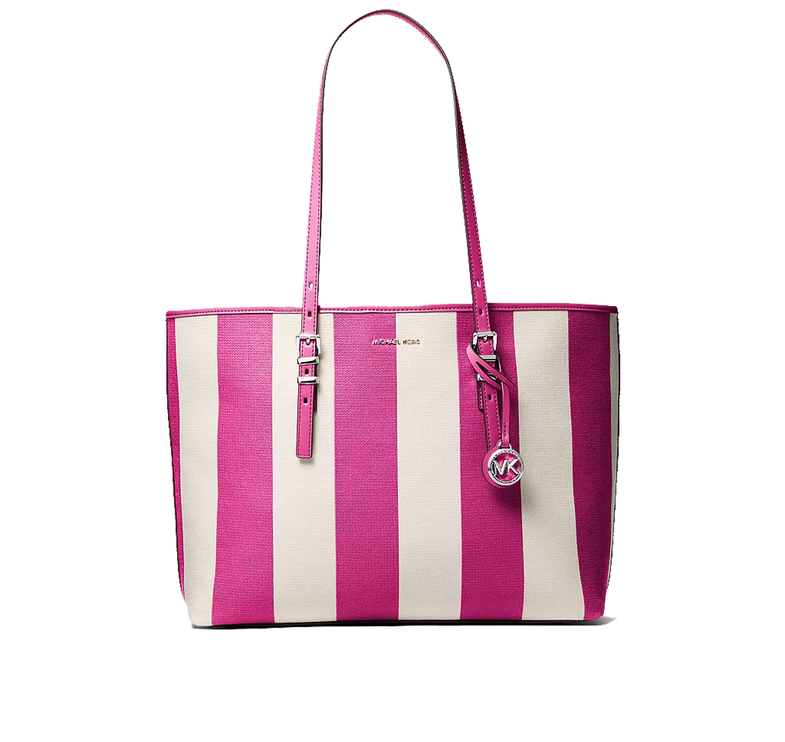 Michael Kors Women's Quinn Large Striped Canvas Tote Bag Raspberry/Silver