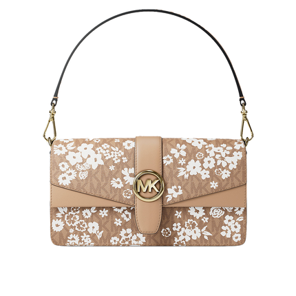 Michael Kors Women's Greenwich Medium Printed Signature Logo Convertible Shoulder Bag Camel/Gold