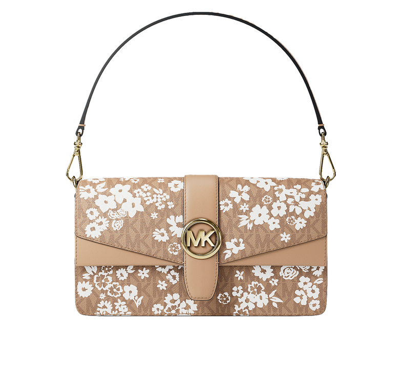 Michael Kors Women's Greenwich Medium Printed Signature Logo Convertible Shoulder Bag Camel/Gold