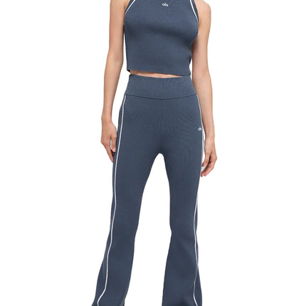 alo Women's Ribbed Sweater Knit Highline Flare Pant Bluestone/White