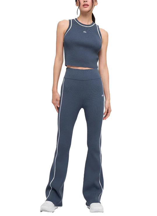 alo Women's Ribbed Sweater Knit Highline Flare Pant Bluestone/White