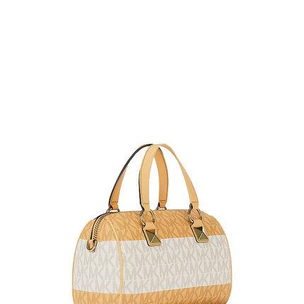 Michael Kors Women's Grayson Small Striped Signature Logo Duffel Crossbody Bag Honeywheat/Gold