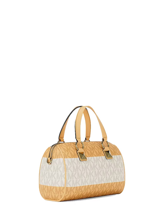Michael Kors Women's Grayson Small Striped Signature Logo Duffel Crossbody Bag Honeywheat/Gold