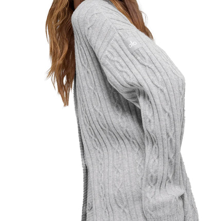 alo Women's Cable Knit Winter Bliss Cardigan Athletic Heather Grey