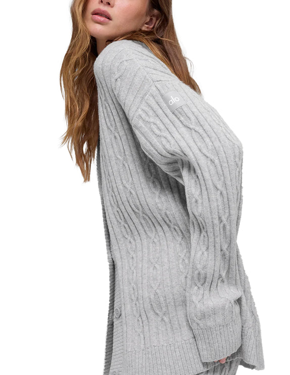 alo Women's Cable Knit Winter Bliss Cardigan Athletic Heather Grey