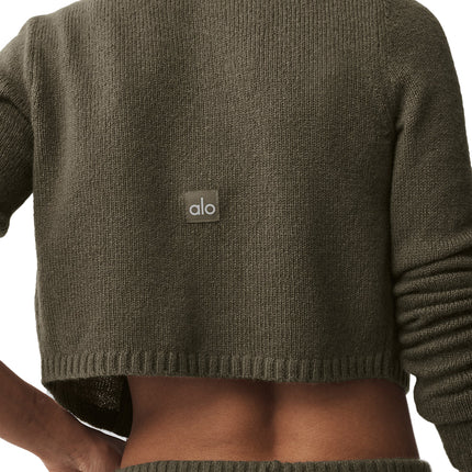alo Women's Wool Cashmere New Class Cropped Cardigan Olive Tree