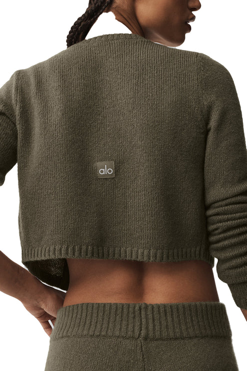 alo Women's Wool Cashmere New Class Cropped Cardigan Olive Tree