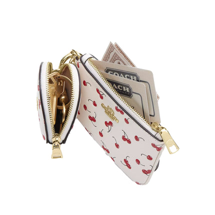 Coach Women's Wristlet And Heart Pouch With Cherry Print And Charm Gold/Chalk Multi