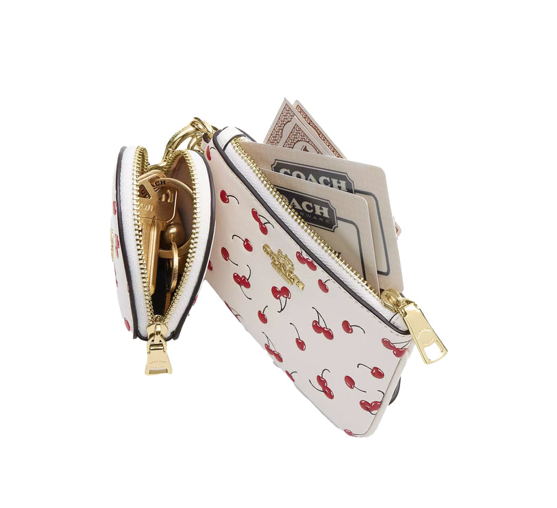 Coach Women's Wristlet And Heart Pouch With Cherry Print And Charm Gold/Chalk Multi