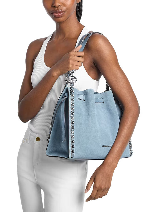 Michael Kors Women's Mina Large Suede Chain Shoulder Bag Denim/Silver
