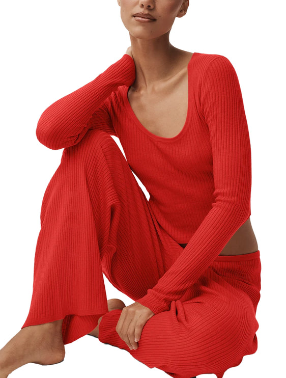 alo Women's Sweater Knit Mid-Rise Unwind Wide Leg Pant Bright Red