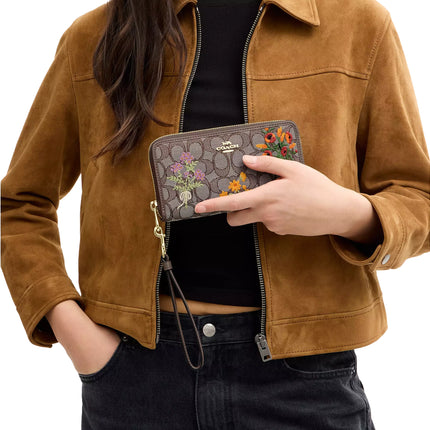 Coach Women's Long Zip Around Wallet In Signature Jacquard With Floral Embroidery Gold/Oak Multi