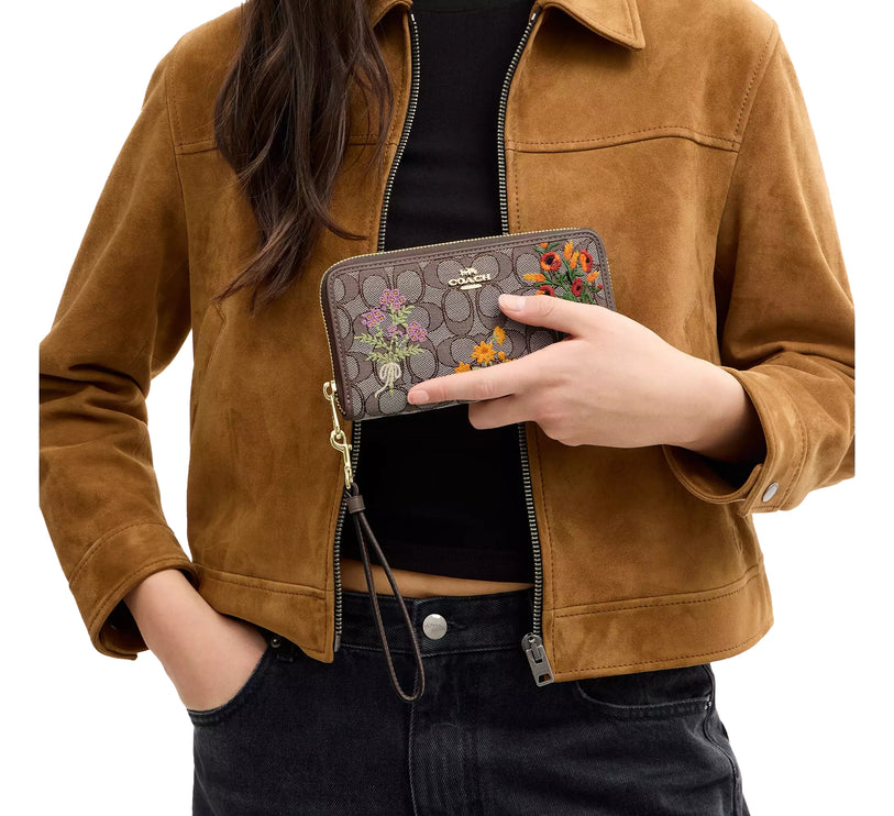 Coach Women's Long Zip Around Wallet In Signature Jacquard With Floral Embroidery Gold/Oak Multi