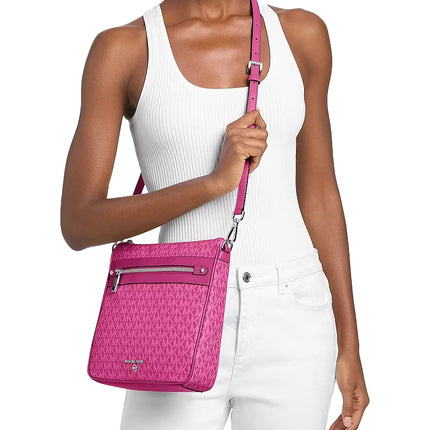 Michael Kors Women's Jet Set Large Logo Print Woven Crossbody Bag Raspberry/Silver