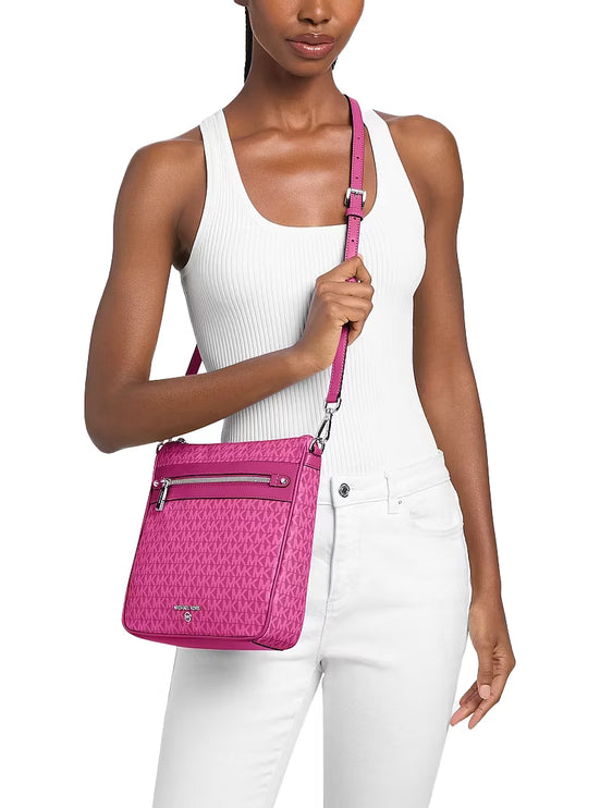 Michael Kors Women's Jet Set Large Logo Print Woven Crossbody Bag Raspberry/Silver