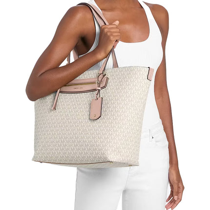 Michael Kors Women's Jet Set Travel Extra-Large Signature Logo Tote Bag Vanilla/Soft Pink/Gold