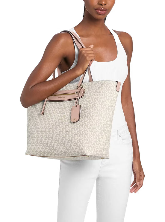 Michael Kors Women's Jet Set Travel Extra-Large Signature Logo Tote Bag Vanilla/Soft Pink/Gold