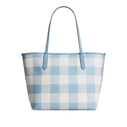 Coach Women's City Tote Bag With Gingham Print And Charm Gold/Blue Multi