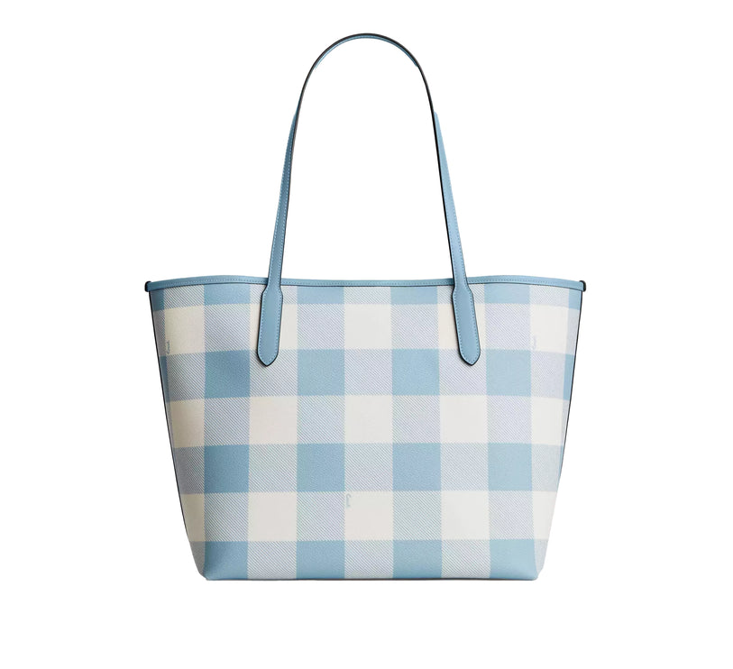 Coach Women's City Tote Bag With Gingham Print And Charm Gold/Blue Multi