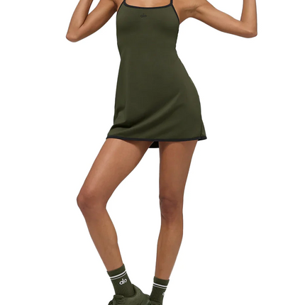 alo Women's Softsculpt Halter Tennis Dress Green Olive/Black