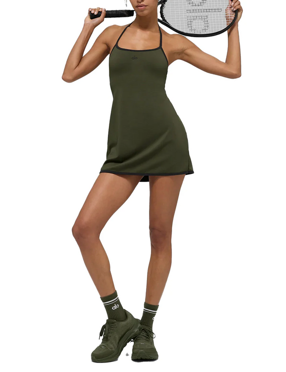 alo Women's Softsculpt Halter Tennis Dress Green Olive/Black