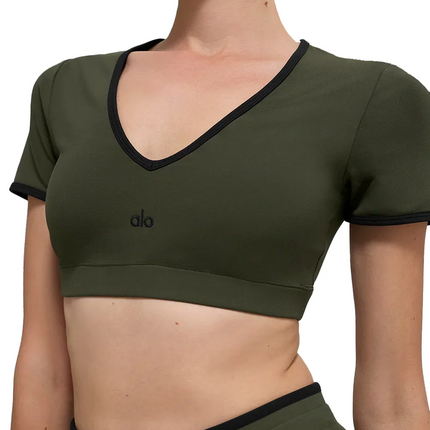 alo Women's Airbrush Race Pace Short Sleeve Green Olive/Black