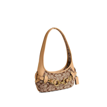 Coach Women's Belted Ergo Shoulder Bag 26 In Signature Jacquard Brass/Khaki Light Peach