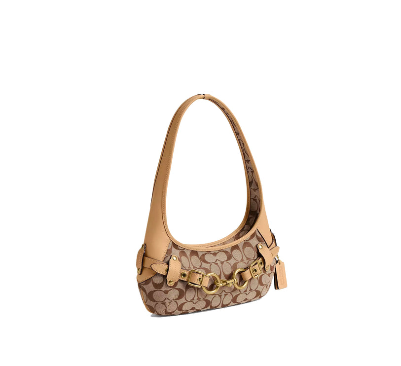 Coach Women's Belted Ergo Shoulder Bag 26 In Signature Jacquard Brass/Khaki Light Peach