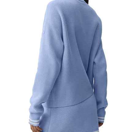 alo Women's Tennis Club Sweater Knit Cardigan Light Provence Blue/White