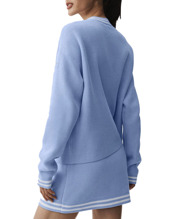 alo Women's Tennis Club Sweater Knit Cardigan Light Provence Blue/White