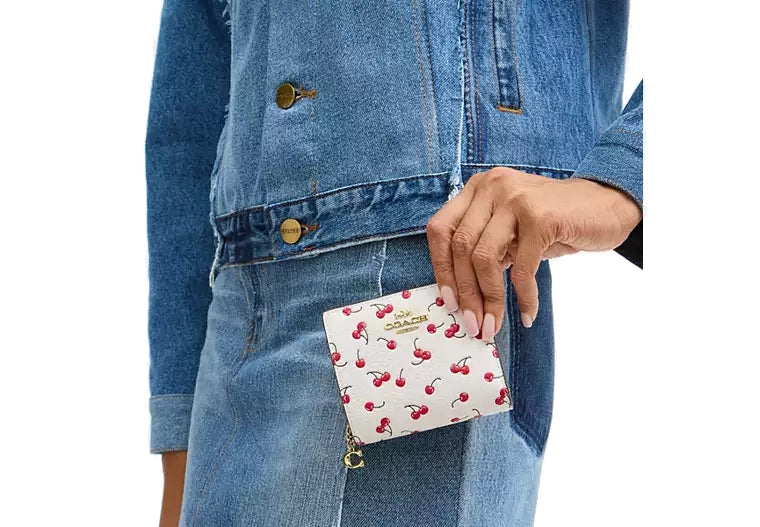 Coach Women's Snap Wallet With Cherry Print Gold/Chalk Multi