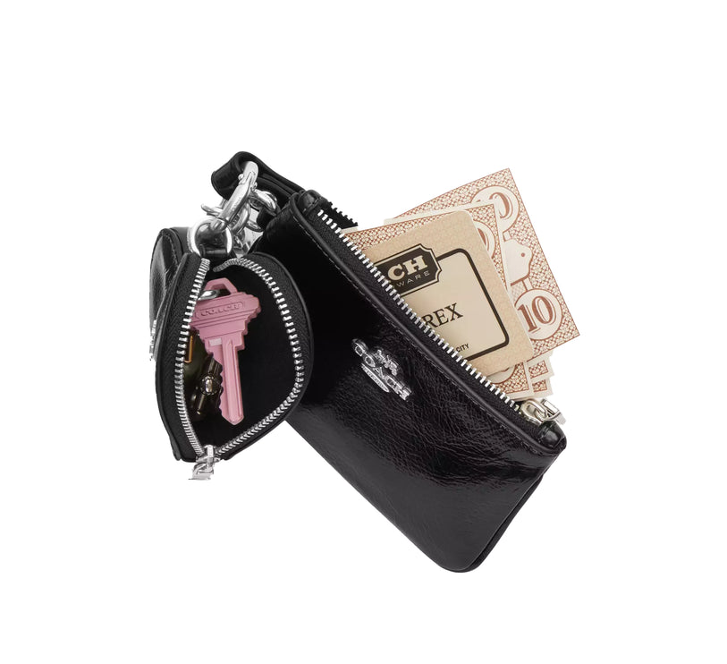 Coach Women's Wristlet And Heart Pouch With Charm Silver/Black
