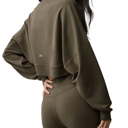 alo Women's Cropped Sway Crew Neck Pullover Olive Tree