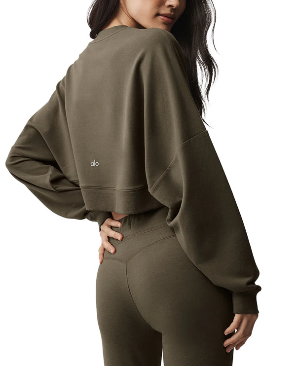 alo Women's Cropped Sway Crew Neck Pullover Olive Tree