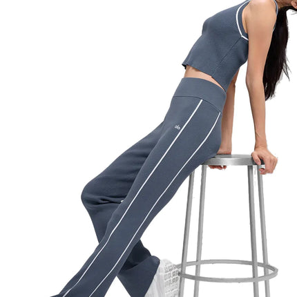alo Women's Ribbed Sweater Knit Highline Flare Pant Bluestone/White
