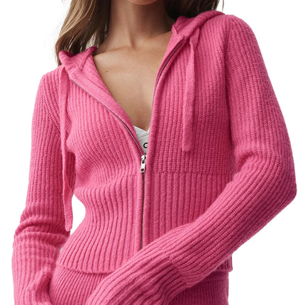 alo Women's Wool Cashmere Ribbed Noble Full Zip Hoodie Paradise Pink