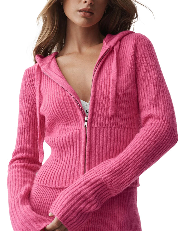 alo Women's Wool Cashmere Ribbed Noble Full Zip Hoodie Paradise Pink