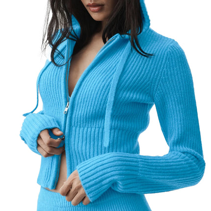 alo Women's Wool Cashmere Ribbed Noble Full Zip Hoodie Azure Blue