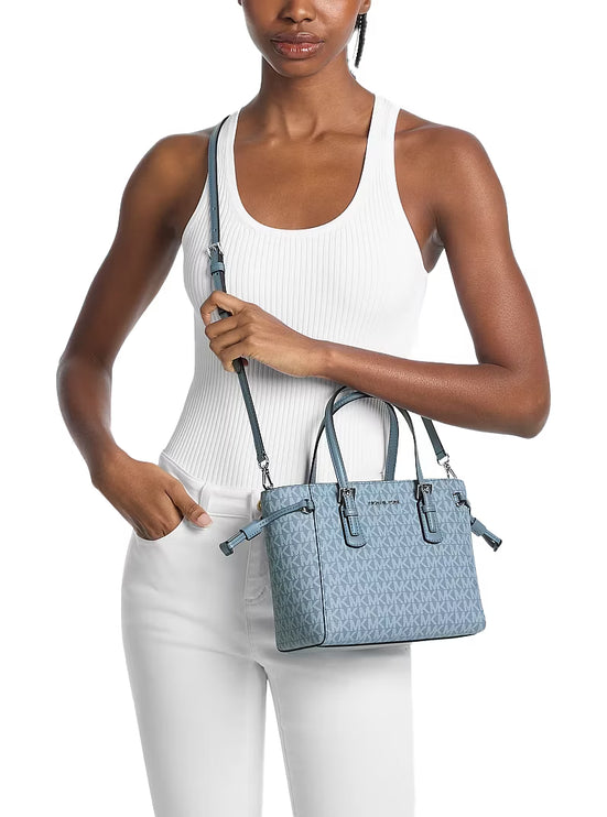 Michael Kors Women's Voyager Extra-Small Signature Logo Tote Bag Denim/Silver