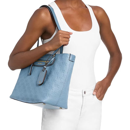 Michael Kors Women's Jet Set Travel Medium Logo Embossed Leather Tote Bag Chambray/Gold