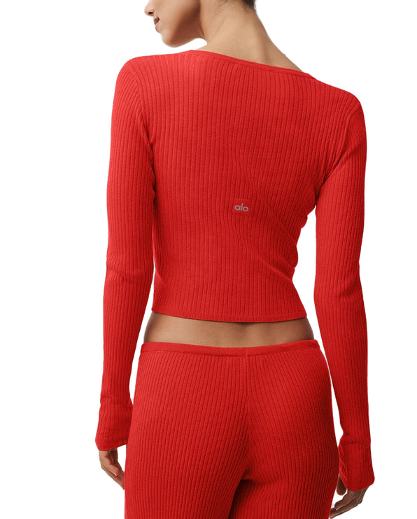 alo Women's Sweater Knit Unwind Long Sleeve Bright Red