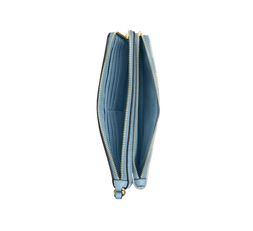 Coach Women's Double Zip Wristlet With Gingham Print Gold/Blue Multi