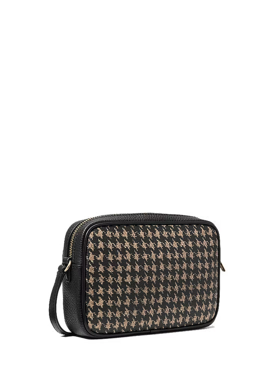 Michael Kors Women's Jet Set Travel Small Houndstooth Print Camera Crossbody Bag Black/Camel