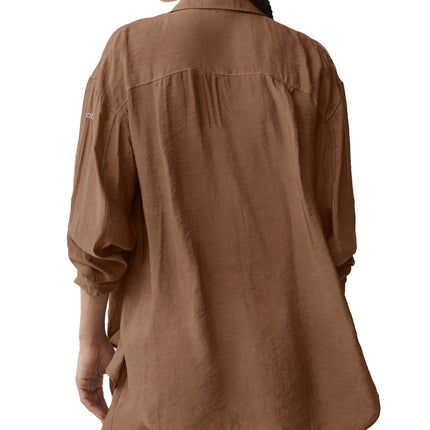 alo Women's Semi-Sheer Golden Hour Button Down Long Sleeve Sun Kissed Brown