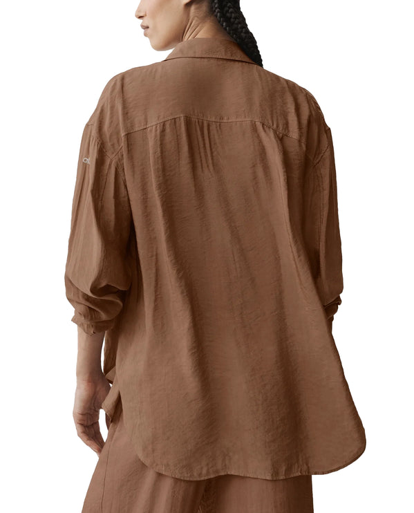 alo Women's Semi-Sheer Golden Hour Button Down Long Sleeve Sun Kissed Brown