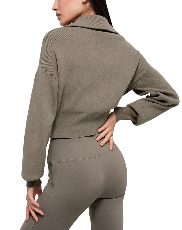 alo Women's Scholar Knit Cropped Full Zip Jacket Light Cocoa