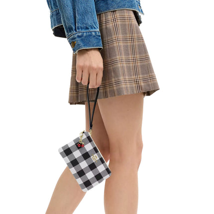 Coach Women's Corner Zip Wristlet With Gingham Print And Charm Gold/Black Multi