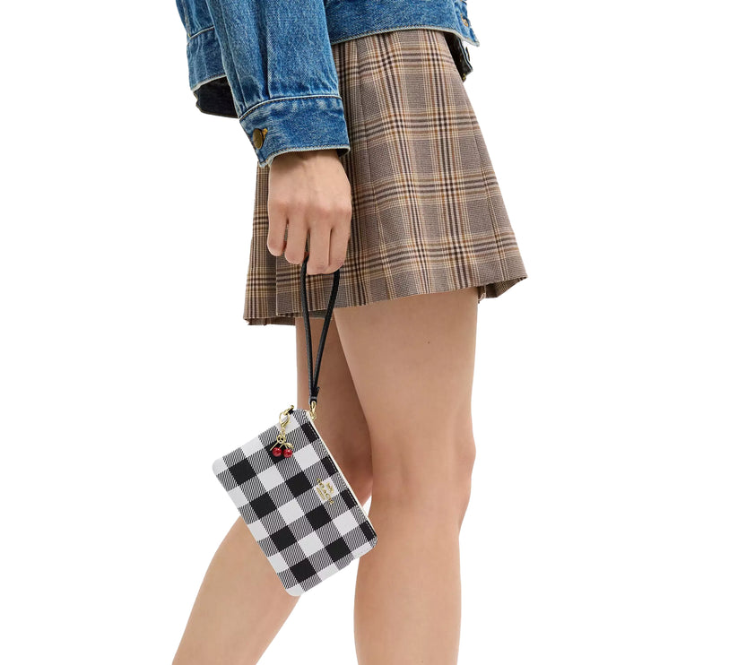 Coach Women's Corner Zip Wristlet With Gingham Print And Charm Gold/Black Multi