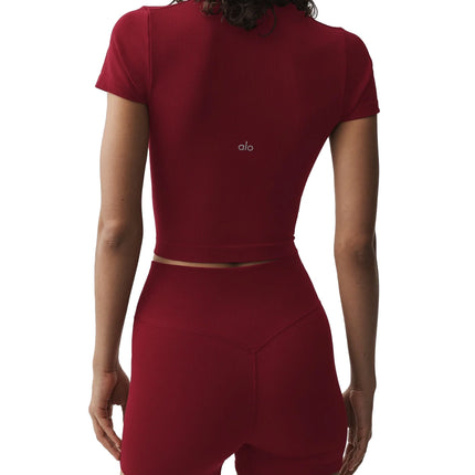 alo Women's Seamless Modal Ribbed Cropped Short Sleeve Summer Romance Red