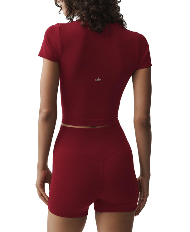 alo Women's Seamless Modal Ribbed Cropped Short Sleeve Summer Romance Red